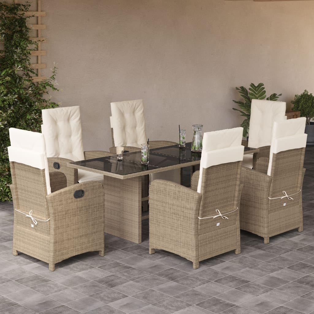 vidaXL 7 Piece Patio Dining Set with Cushions - Beige Poly Rattan Outdoor Furniture - Adjustable Reclining Chairs and Glass Table for Garden, Patio, Balcony