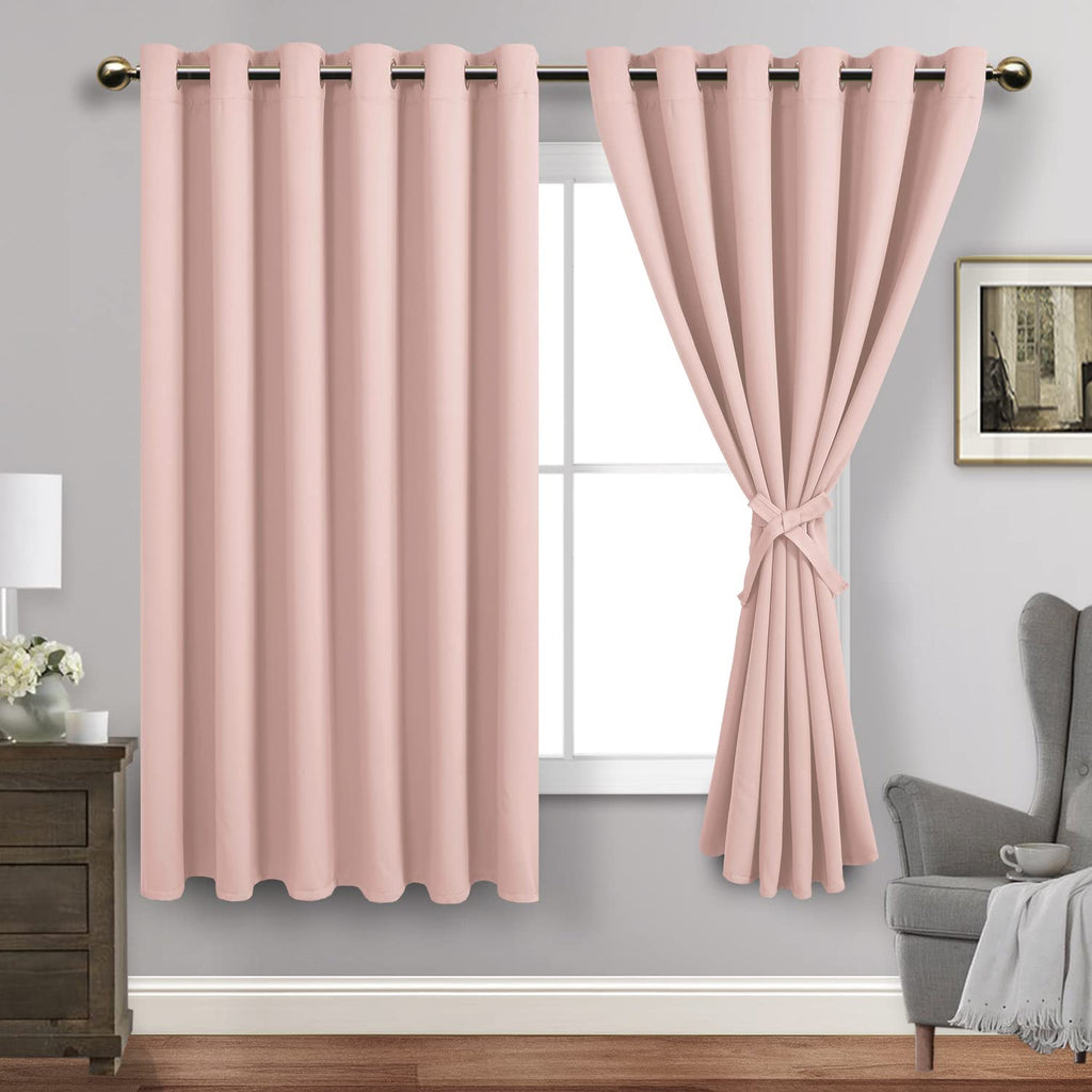 Jiuzhen Blush Pink Blackout Curtains With Tiebacks Thermal Insulated, Light Blocking And Noise Reducing Grommet Curtains For Bedroom And Living Room, Set Of 2 Window Curtain Panel, 70 X 63 Inch Length