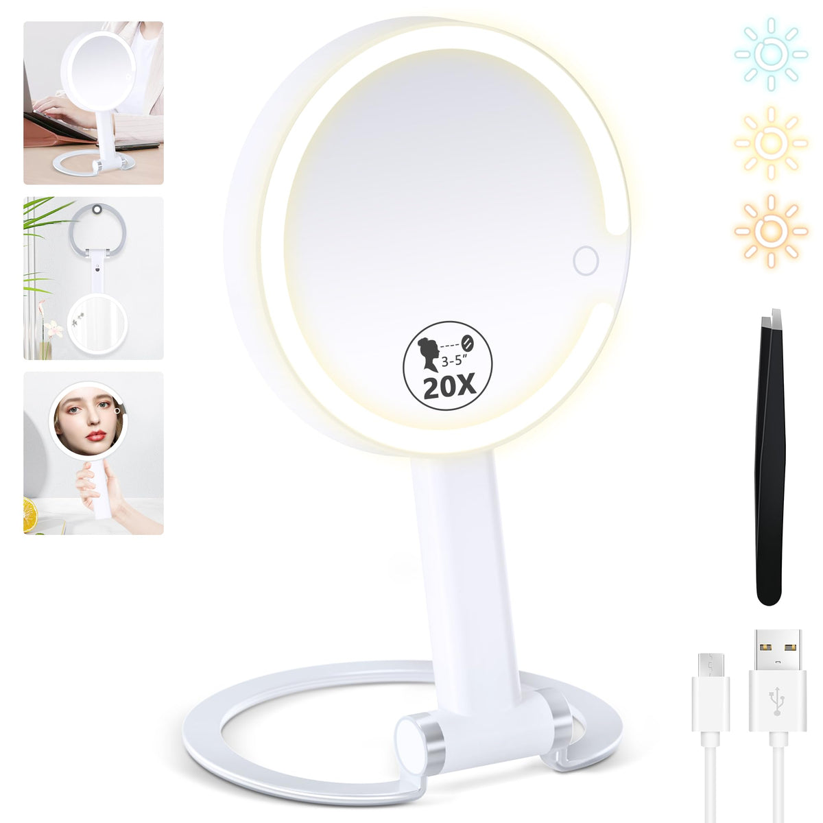 PEDOMIROR Travel Magnifying Mirror with Light, Lighted Makeup Mirror with Magnification 20X /1X Double Sided, Lighted Vanity Mir
