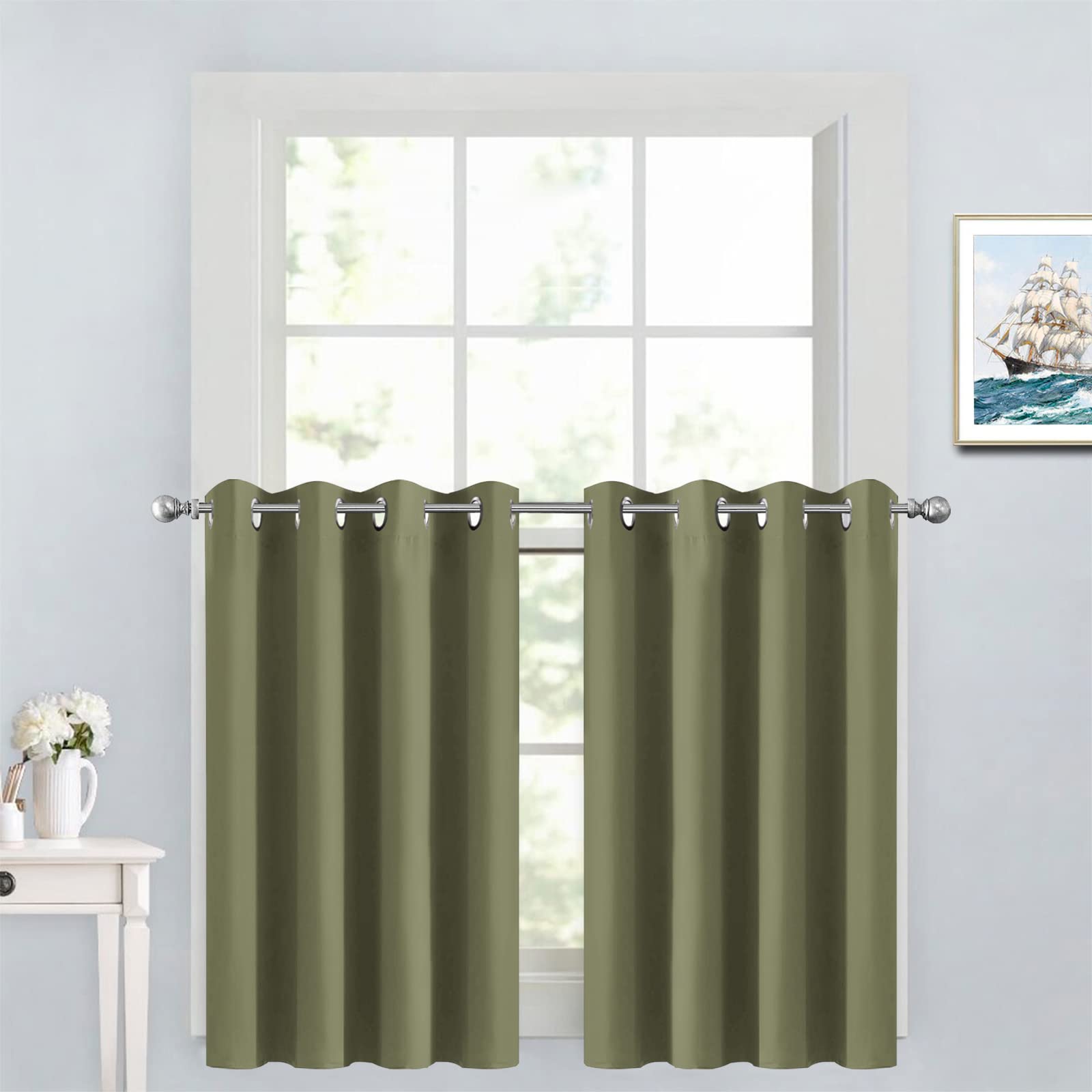 Yakamok Window Treatment Kitchen Drapes - Plain Solid Grommet Top Short Curtains For Kitchen Window(52Wx36L, Sage, 2 Panels)