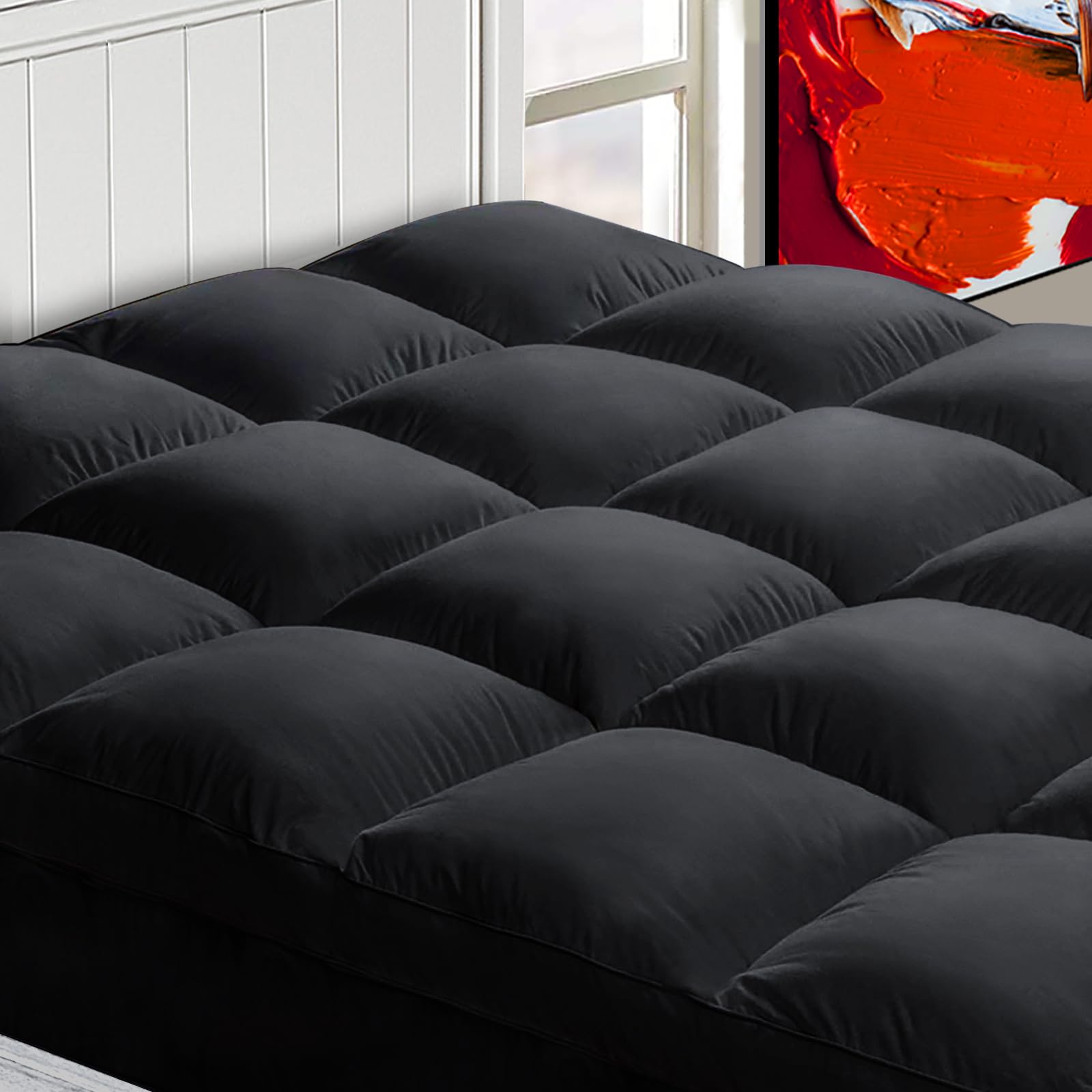 Mattress Topper Full For Back Pain, Extra Thick Mattress Pad Cover, Plush Pillow Top, Deep Elastic Pocket, Black