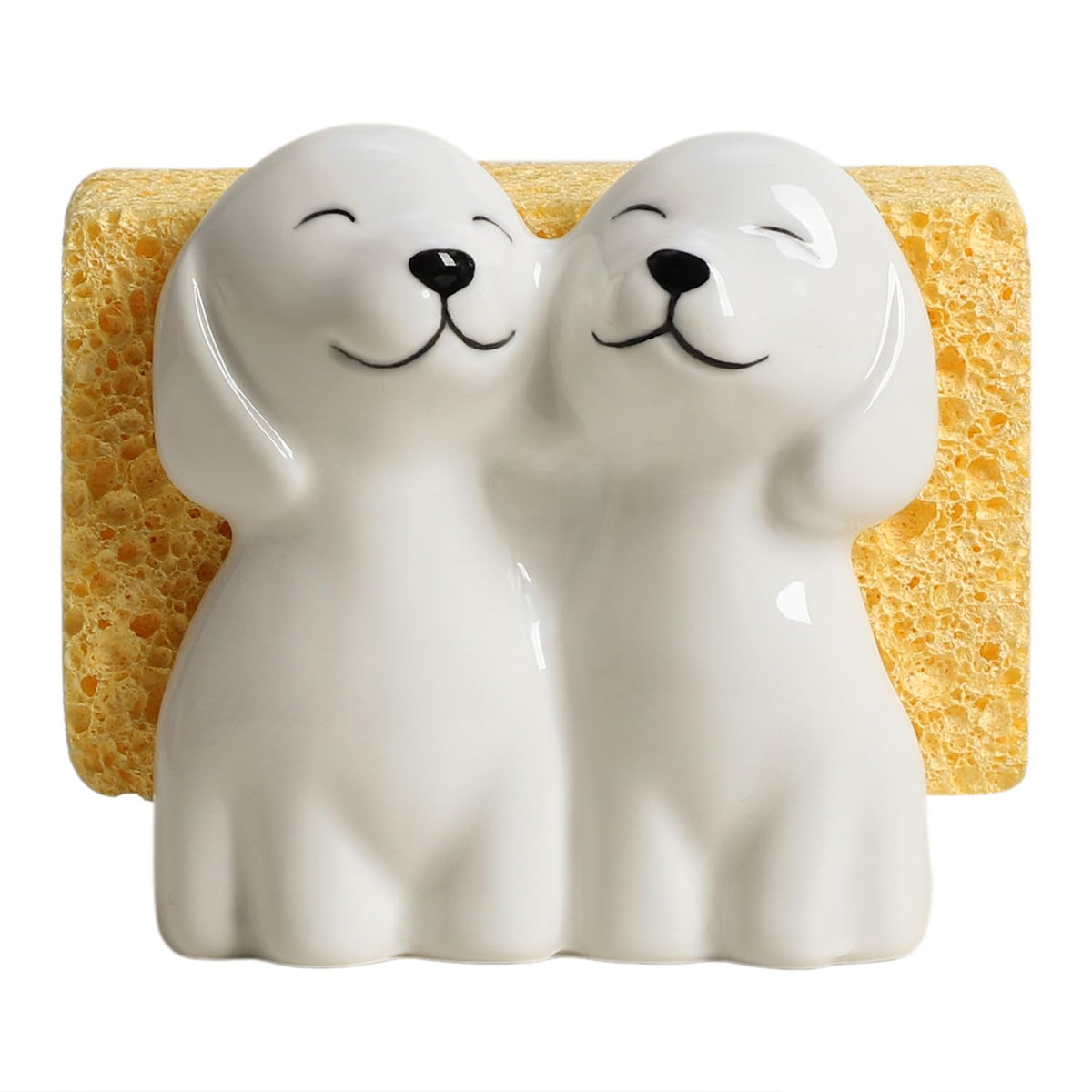 Bicuzat Ceramic Couple Dogs Sponge Holder for Kitchen Sink, White Dog Compact Sink Caddy Organizer, Dish Sponge Holder
