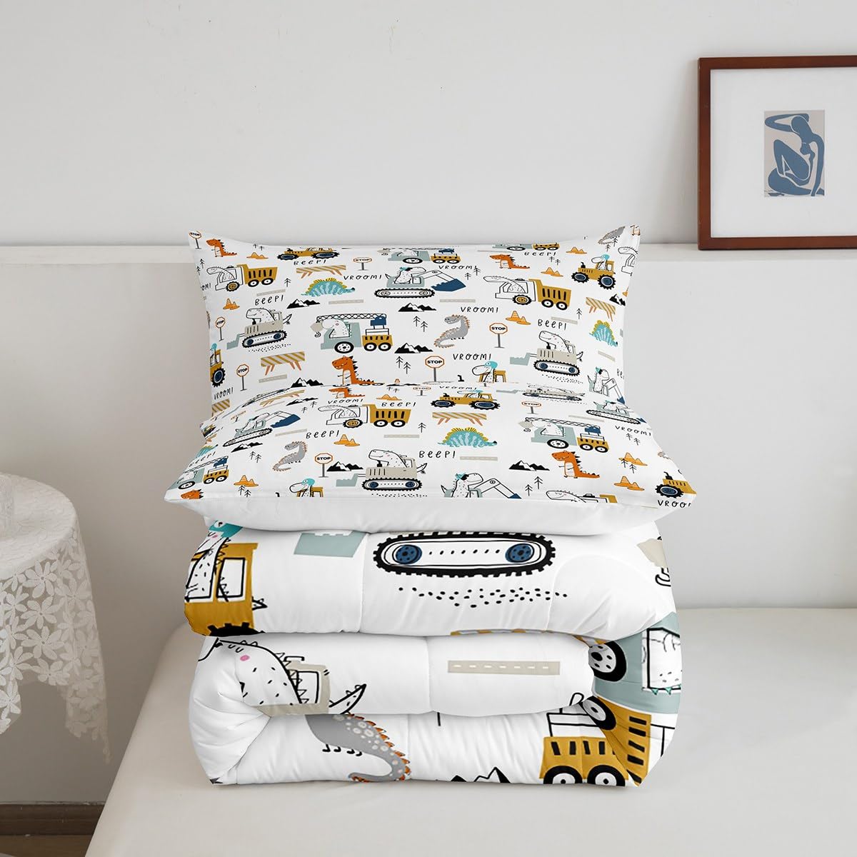 Feelyou Construction Bedding Set Twin Size Equipment Trucks Comforter Set For Kids Boys Girls Decor Dinosaur Comforter 3D Digita