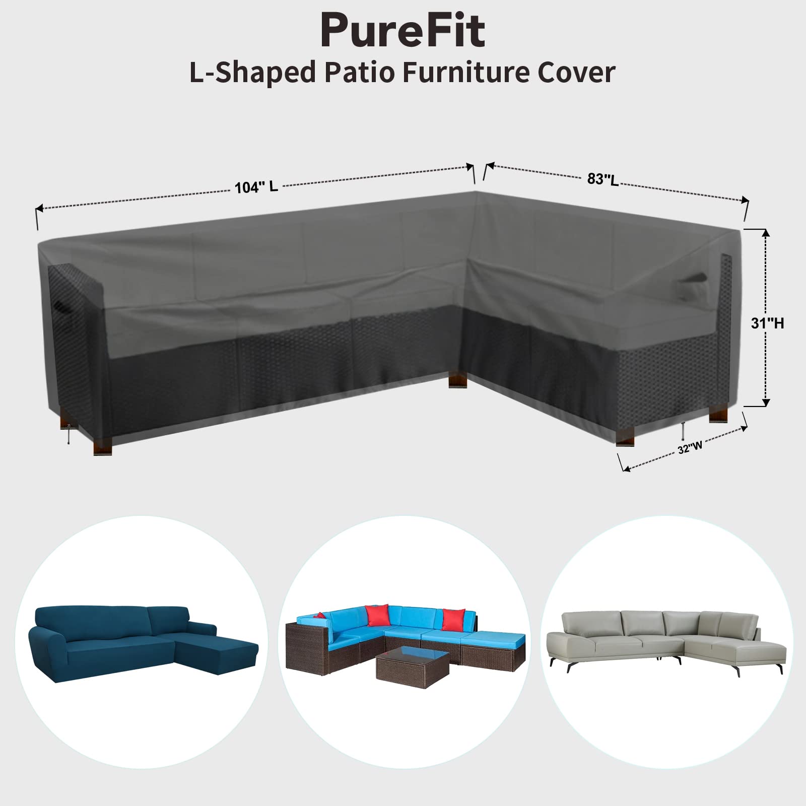 Purefit Outdoor Sectional Sofa Cover Waterproof L Shaped Patio Furniture Covers For Deck, Lawn And Backyard, 104”X83” Right Facing, Black
