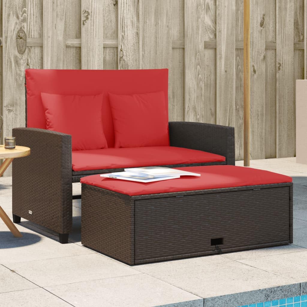 vidaXL Patio Sofa with Cushions 2-Seater Storage Garden Bench Poly Rattan Reclining Sofa Bed Brown with Footstool - Outdoor Seating for Garden, Patio, Deck