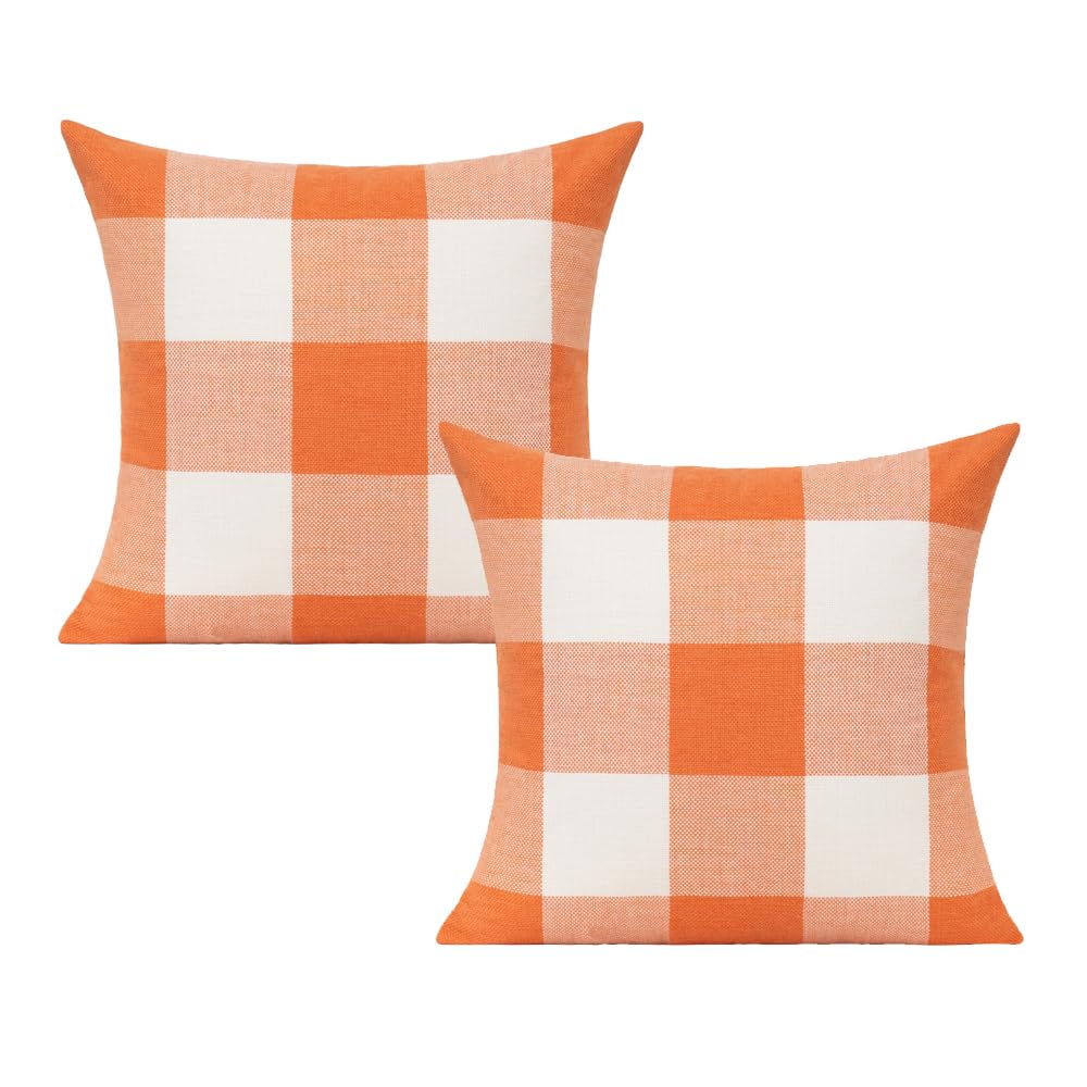 Fall Orange Decor Throw Pillow Covers Outdoor 16X16 Set Of 2 Thanksgiving Decorative Buffalo Plaid Checkers Rustic Cushion Cases