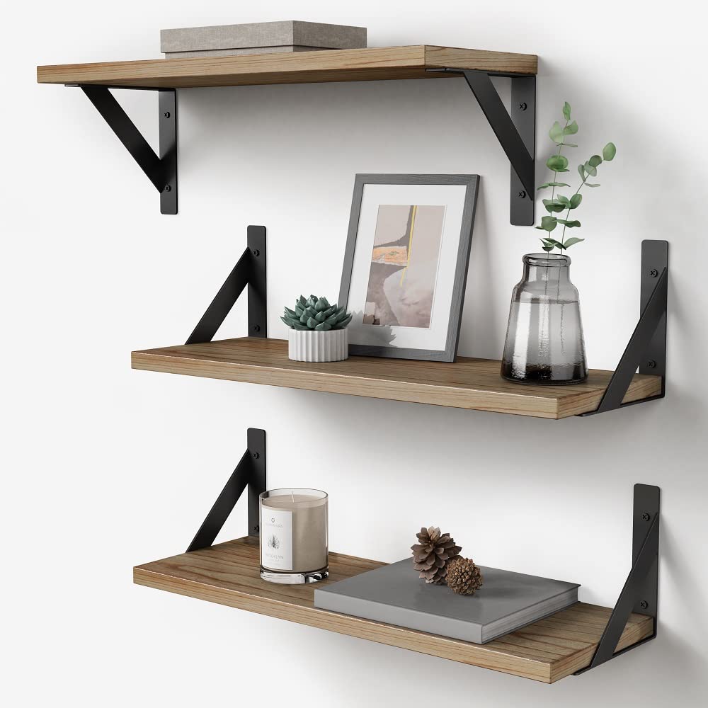 Floating Shelves with Black Metal Brackets Set of 3, Light Wood Wall Bookshelf for Bedroom Over Desk Bed, Hanging Shelf for Offi
