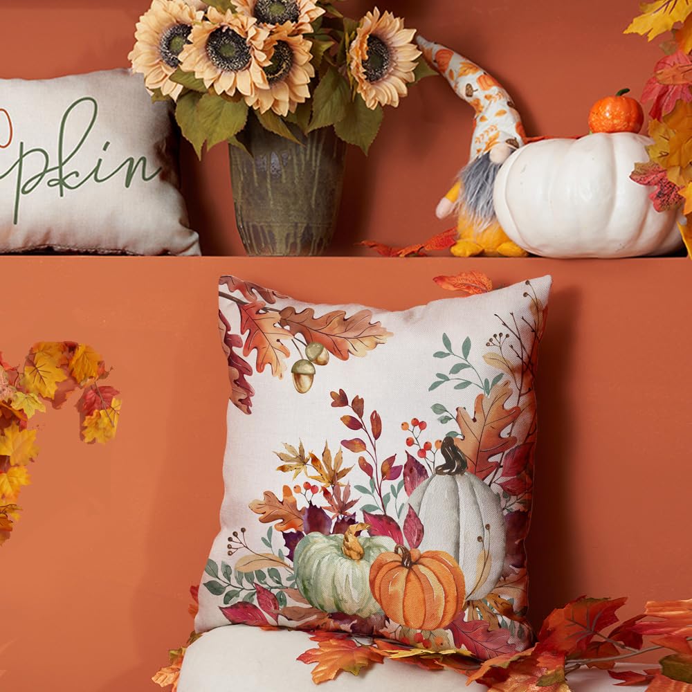 DFXSZ Fall Pillow Covers 20x20 inch Set of 2 Orange White Pumpkin Leaves Outdoor Throw Pillows for Home Couch Autumn Decoration TH27-A20