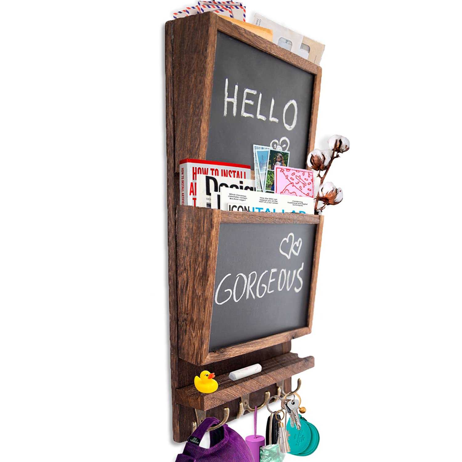 Rustic 2-Slot Mail Sorter Organizer For Wall With Chalkboard Surface & 3 Double Key Hooks - Wooden Wall Mount Mail Holder Organi