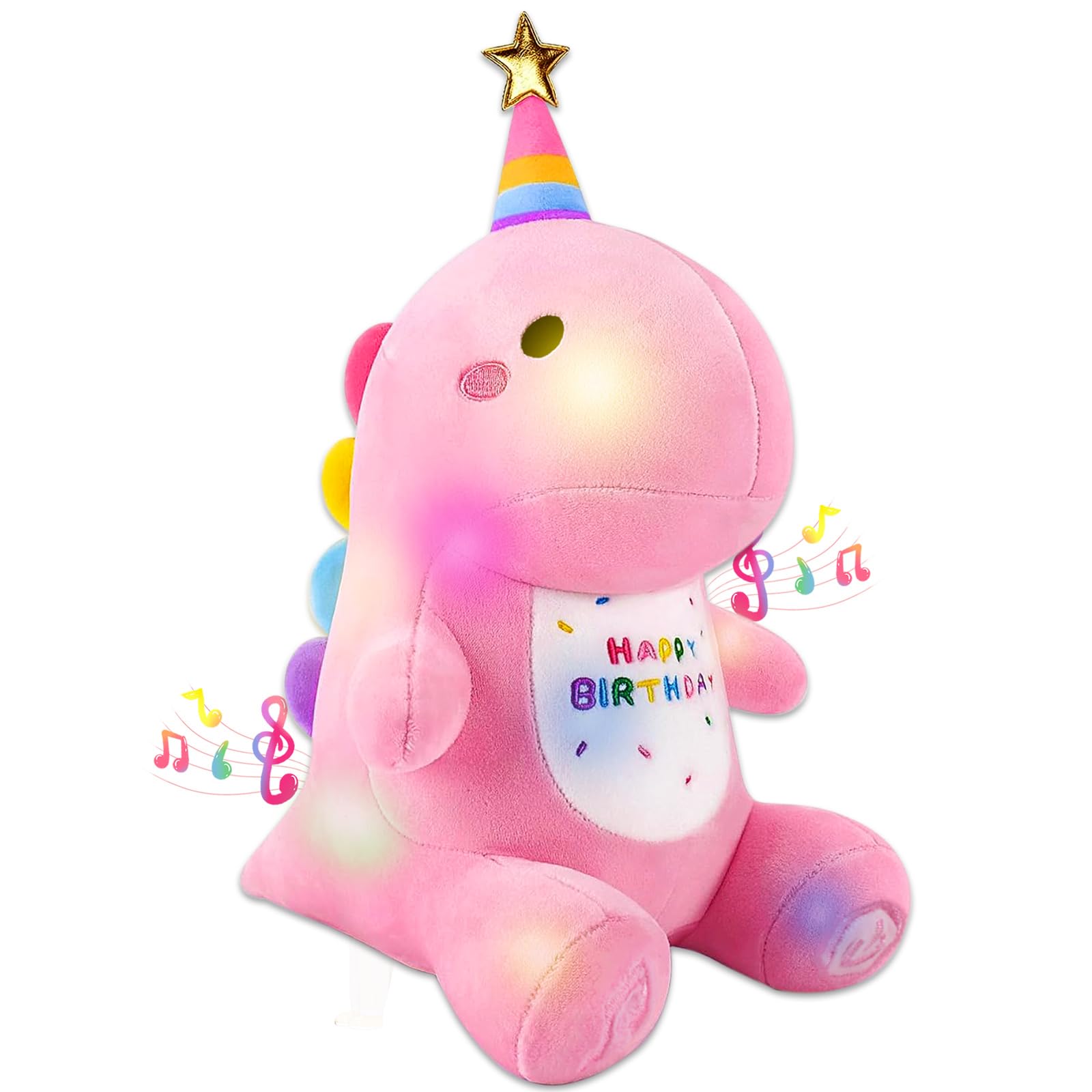 Birthday Dinosaur Plush Stuffed Animal - 12 ' Pink Plush Toy With Light & Happy Birthday Music, Weighted Dino Plushie, Cute Kaw