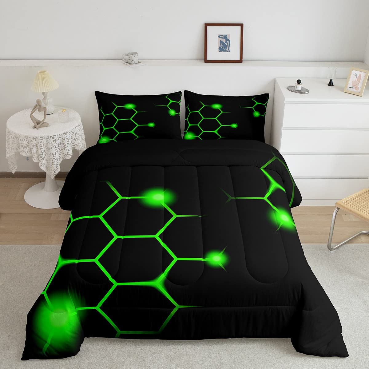 Hexagonal Comforter Set Geometric Honeycomb Bedding Set For Kids Adults Neon Green Black Comforter Modern Hexagon Beehive Quilt