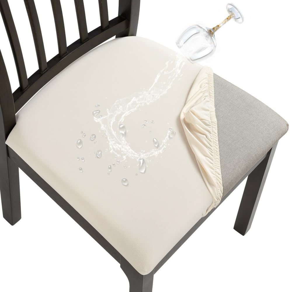 Searchi Cool Fabric Seat Covers For Dining Chairs, 4 Pack Water Repellent Dining Room Chair Seat Covers, Kitchen Chair Seat Covers Protectors(Beige)