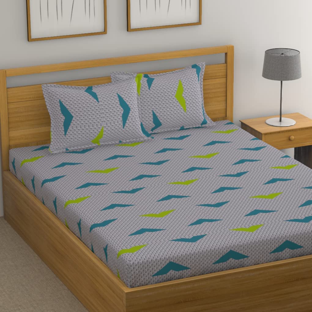 Huesland By Ahmedabad Cotton 144 Tc Cotton King Size Bedsheet With 2 Pillow Covers  Light Grey, Blue & Green(9Ft X 9Ft)
