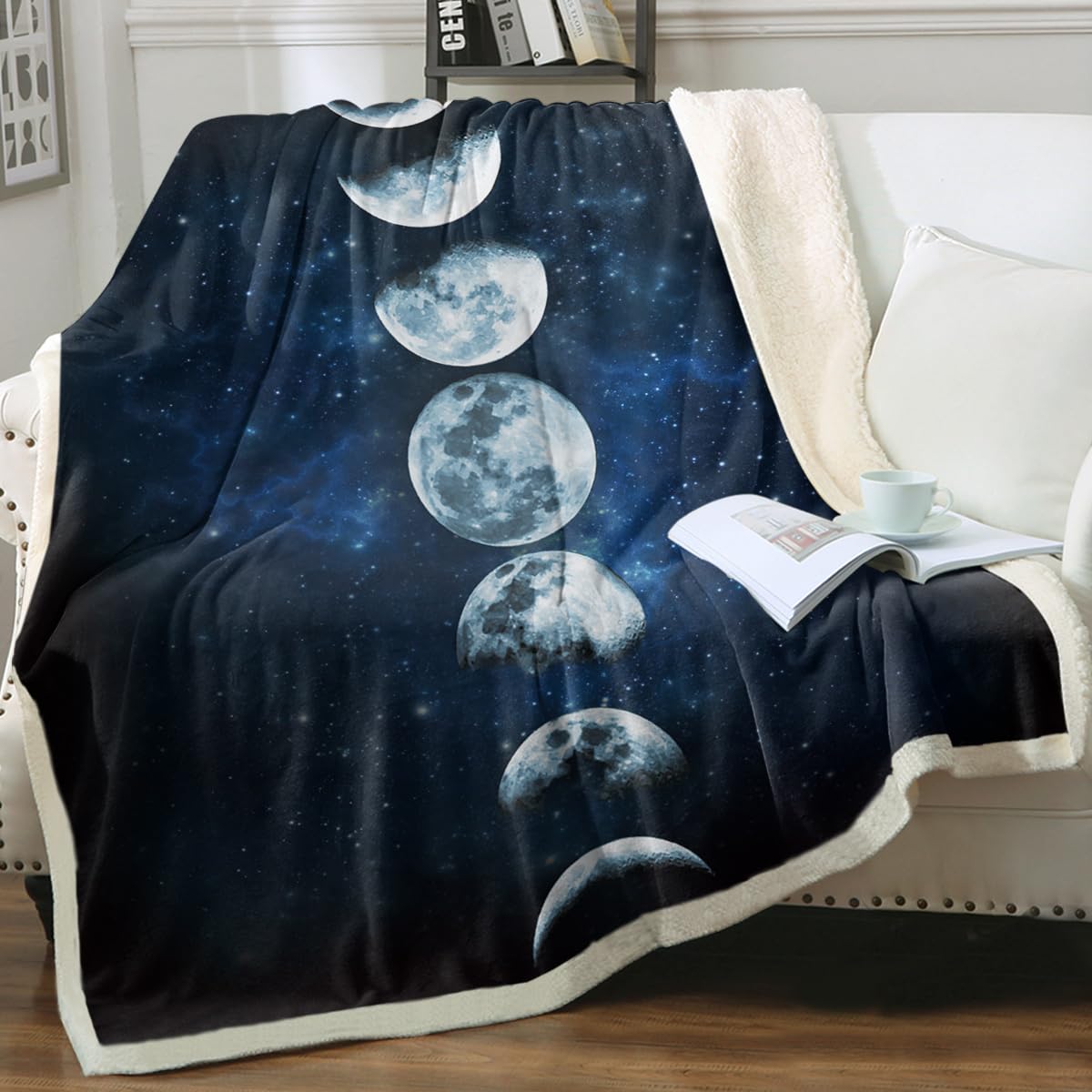 Sleepwish Lunar Eclipse Fleece Throw Blanket For Couch Chair Fuzzy Dark Blue Moon Phases Print Plush Sherpa Blanket For Kids, Ki