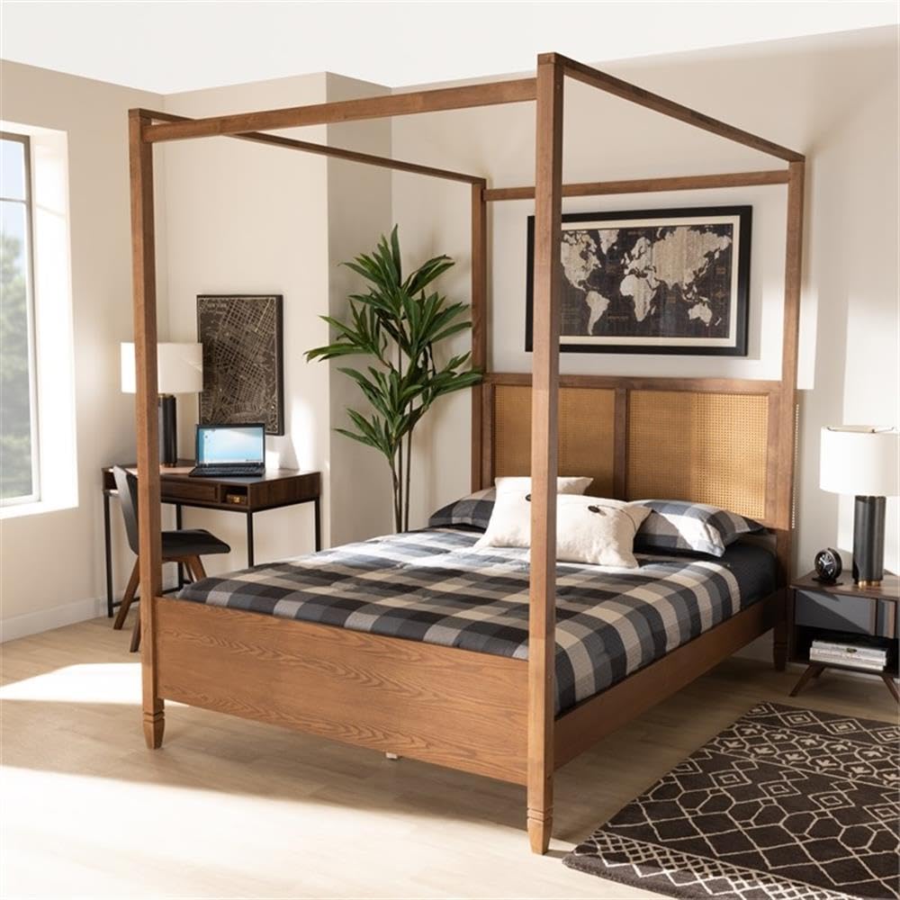 Baxton Studio Malia Modern and Contemporary Walnut Brown Finished Wood and Synthetic Rattan Queen Size Canopy Bed
