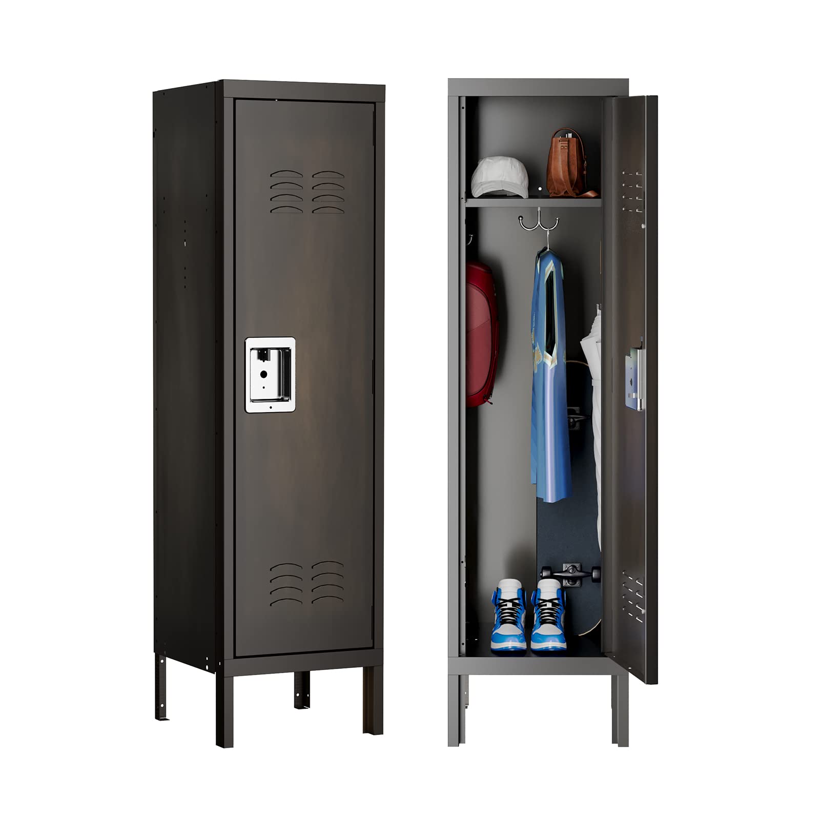 Miiiko Metal Storage Locker Cabinet With 1 Door, 18“ Deep Lockers With Hanging Hooks, Clothes Locker For School, Bedroom, Home Office, Gym And Changing Room