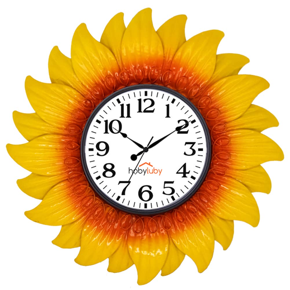 Hobyluby 13' Outdoor Wall Clock, Sunflower Clock Silent Non-Ticking, Waterproof Outdoor Clocks For Patio, Office, Kitchen