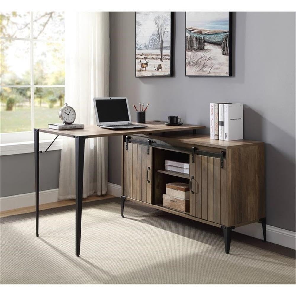 Acme Zakwani Wooden Writing Desk with Storage in Rustic Oak and Black