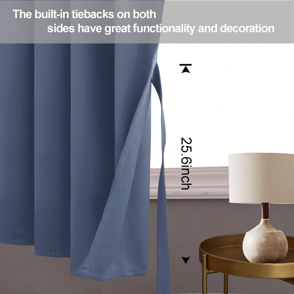 Jiuzhen Dusty Blue Blackout Curtains With Tiebacks,Thermal Insulated, Light Blocking And Noise Reducing Grommet Curtain For Bedroom And Living Room, Set Of 2 Window Curtain Panels, 52 X 45 Inch Length