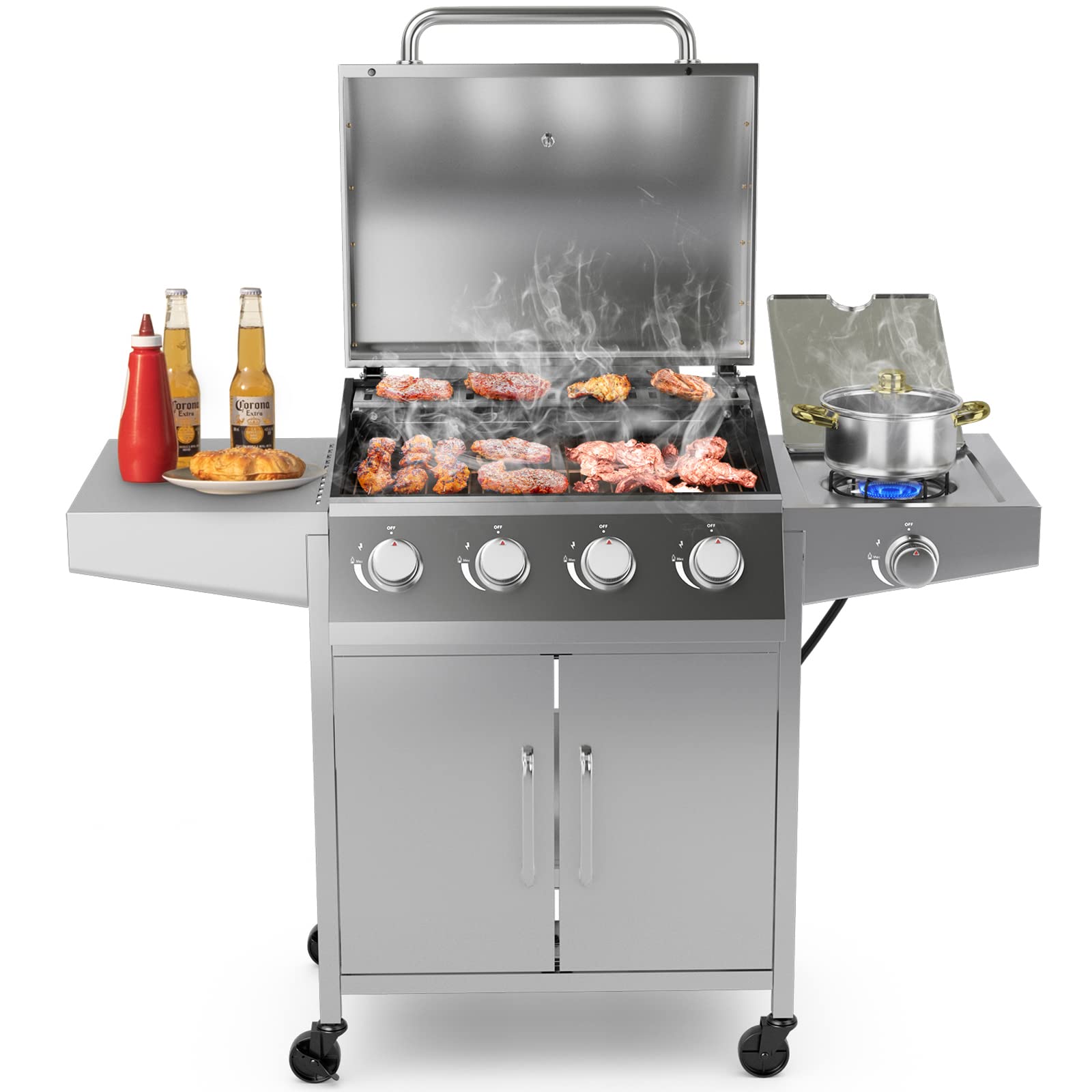 Giantex Propane Gas Grill With 4 Main Burners And 1 Side Burner, Total 50,000 Btu, Stainless Steel Heavy-Duty Bbq Grill With 2 P