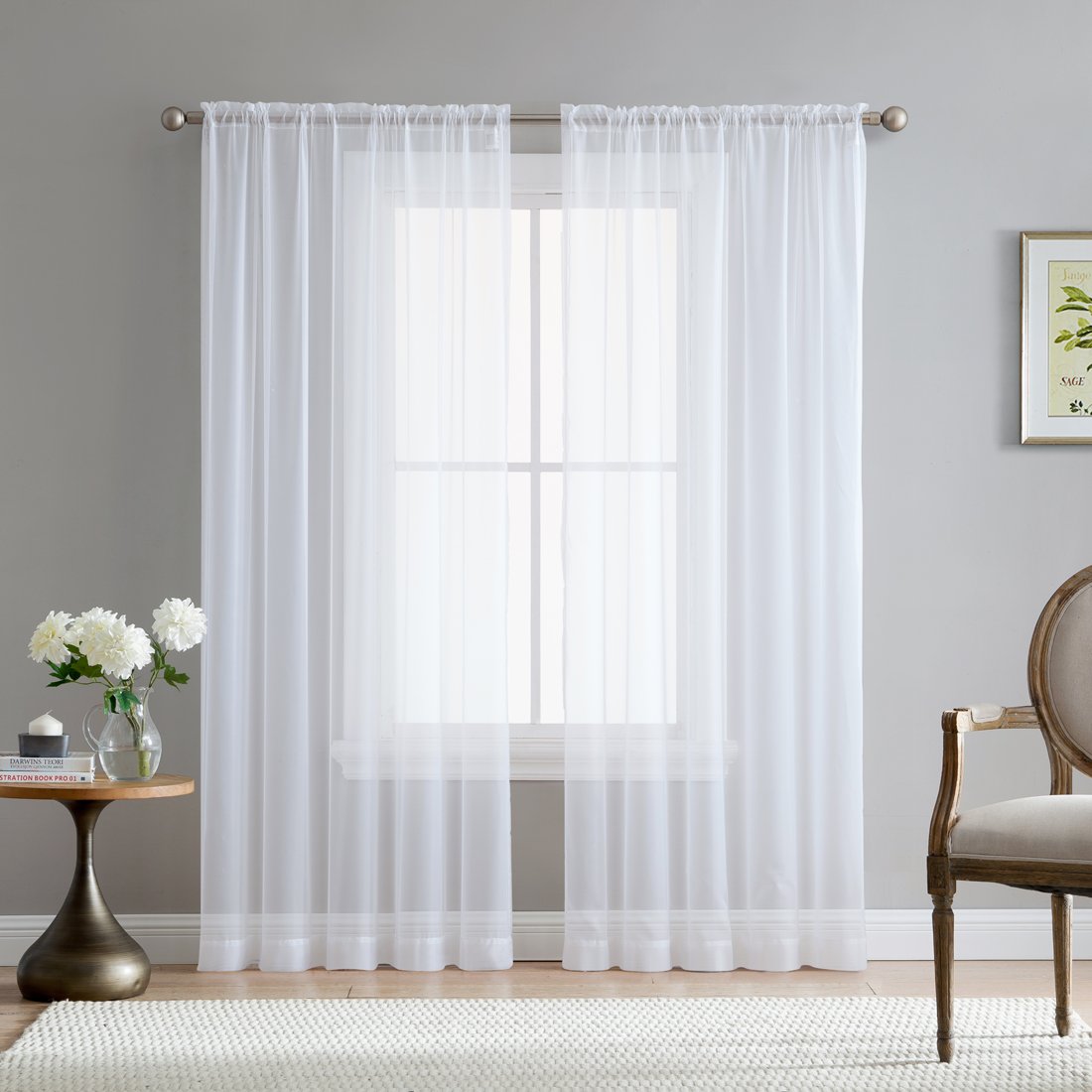 Hlc.Me - White Sheers - Sheer Curtains 72 Inches Long - Voile Window Treatment Rod Pocket Curtain Panels For Bedroom, Kitchen, A