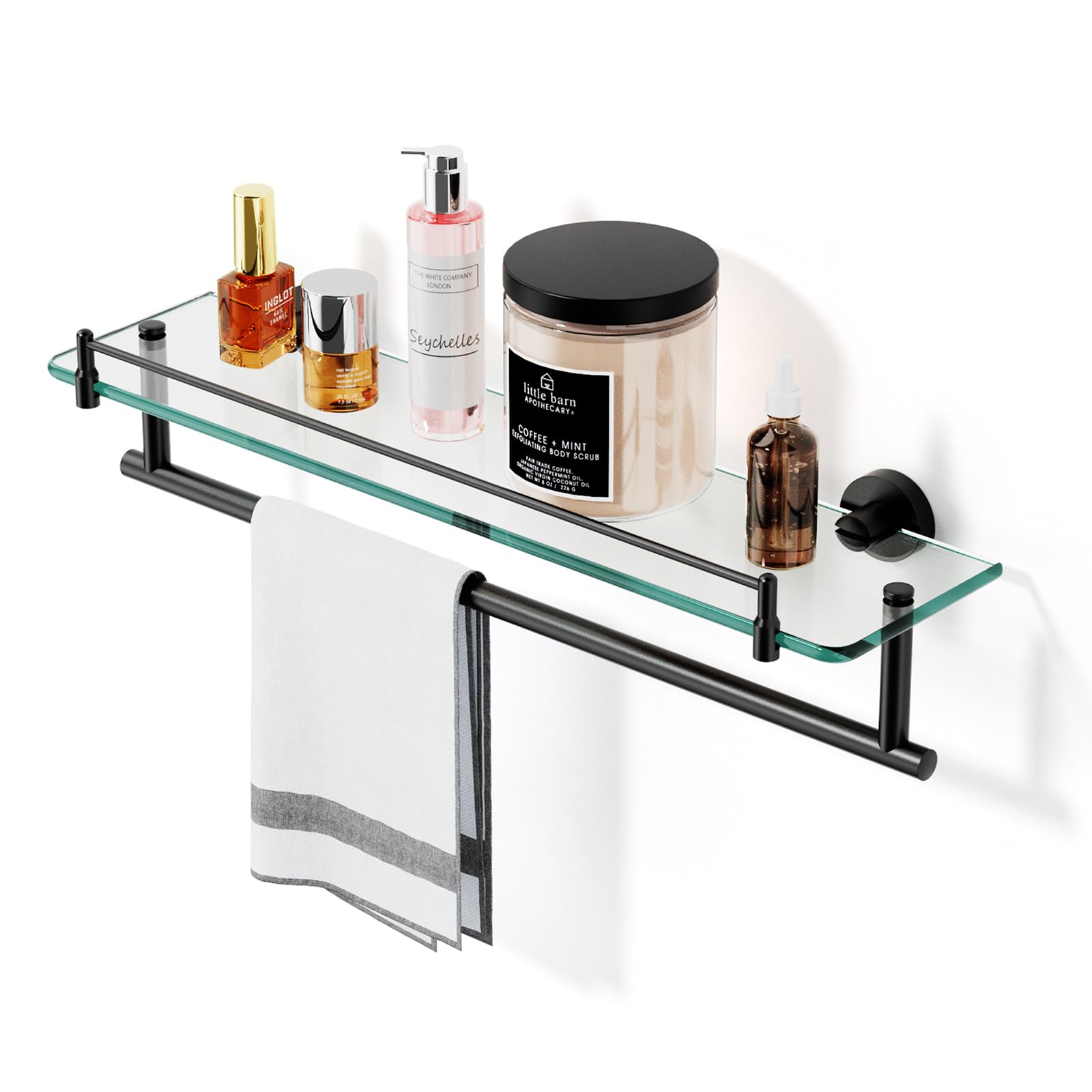 KOCOK Bathroom Glass Shelf with Towel Bar,20-Inch Black Floating Glass Bathroom Shelves with Towel Rack Stainless Steel Tempered