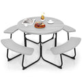 Giantex Picnic Table Set For Up To 8 Persons, Round Outdoor Table And Bench Set With Umbrella Hole, Hdpe Top & Metal Frame, 2000Lbs Capacity, Patio Table Bench Set For Deck Backyard Garden (Gray)