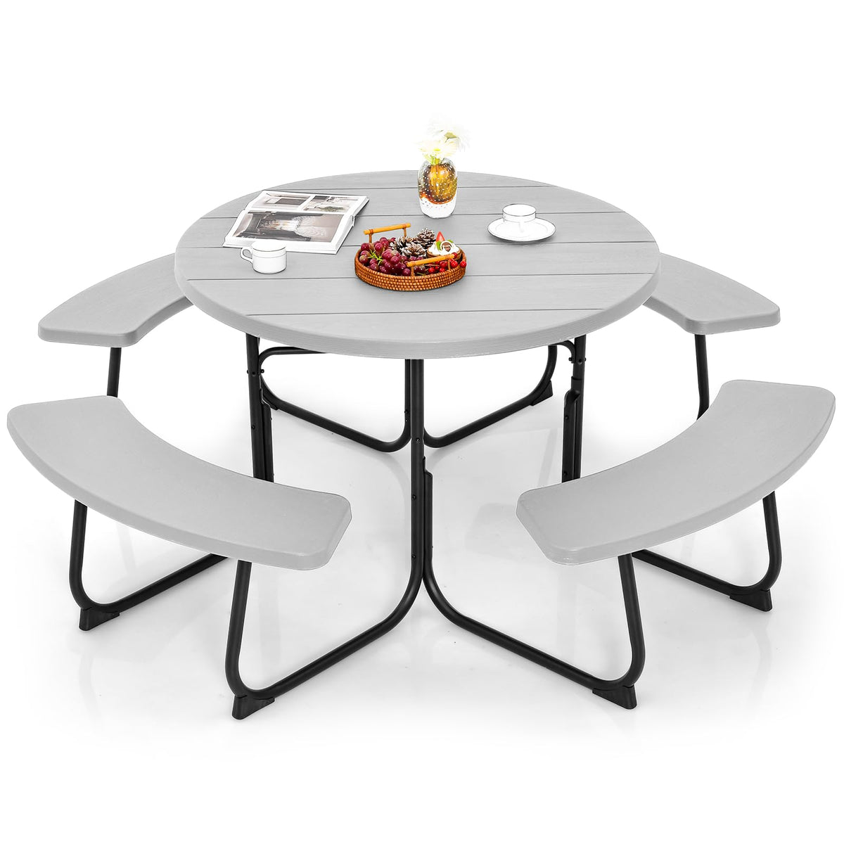 Giantex Picnic Table Set For Up To 8 Persons, Round Outdoor Table And Bench Set With Umbrella Hole, Hdpe Top & Metal Frame, 2000Lbs Capacity, Patio Table Bench Set For Deck Backyard Garden (Gray)
