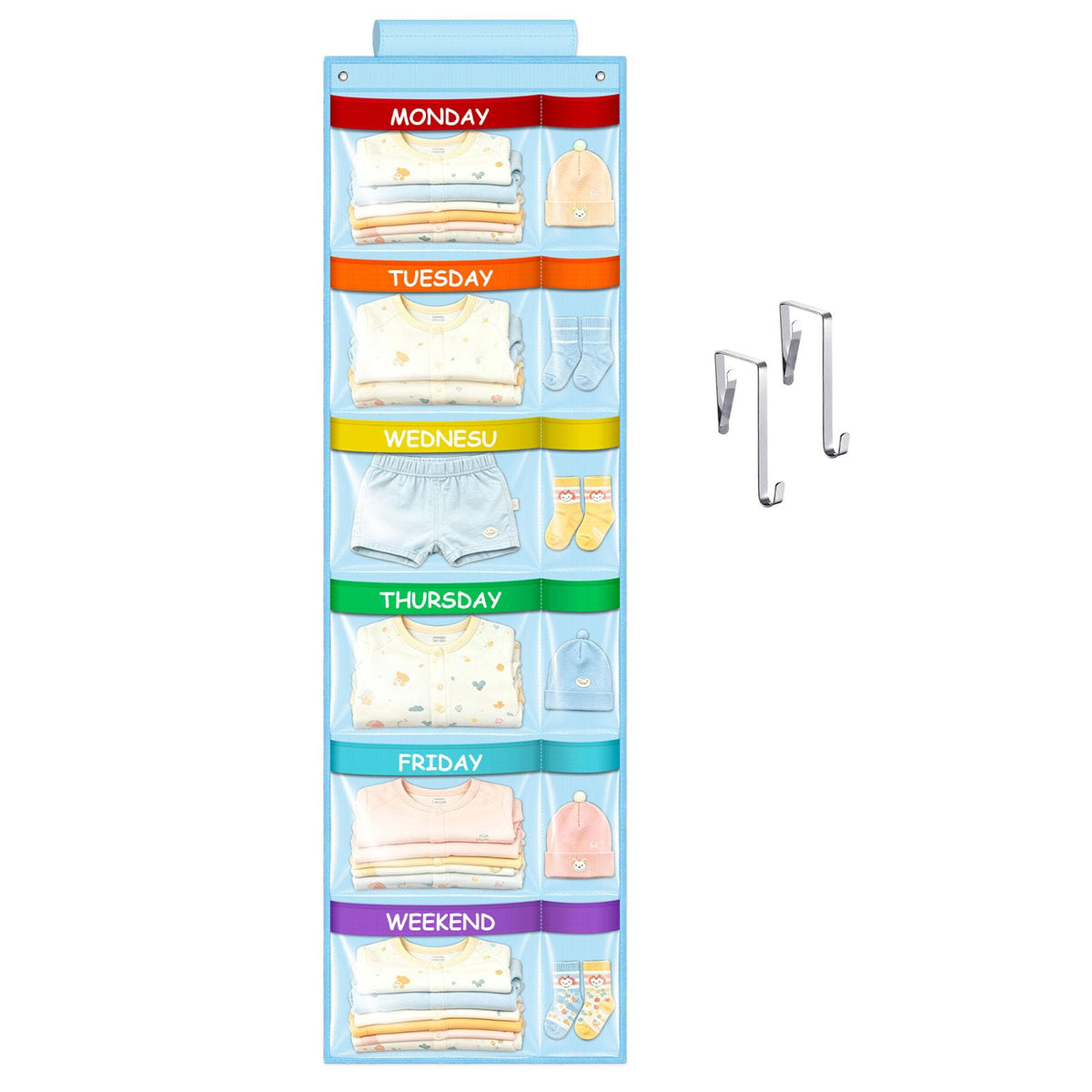 ABCKEY Weekly Kids Clothes Organizer,6Shelf Kids Clothes Organizer with Labels for Monday to Friday,Over the Door or Wall Mount