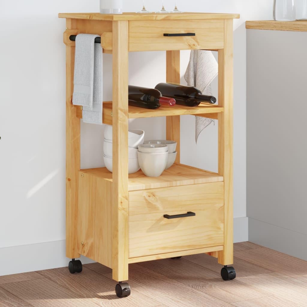 vidaXL Solid Pine Wood Kitchen Trolley - Rolling Cart with Drawers, Shelves, Hooks, Brown Honey Wax Finish, 18.9x15.7x35.4 in, Versatile Use