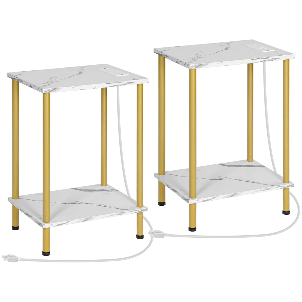 Hoobro Side Table With Charging Station, End Table With Usb Ports And Outlet, Nightstand With 2-Layer Storage Shelves For Small Spaces, Living Room, Bedroom, Stable Frame, Gold And Marble Dm09Ubzp201