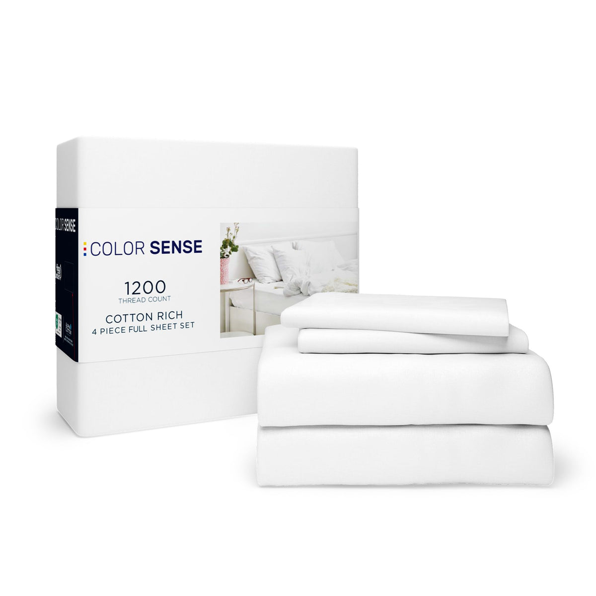 Color Sense 1200 Thread Count Cotton Rich Full White Sheets Set, Ultra Soft & Silky Luxury Sateen Bed Sheets, Moisture Wicking &