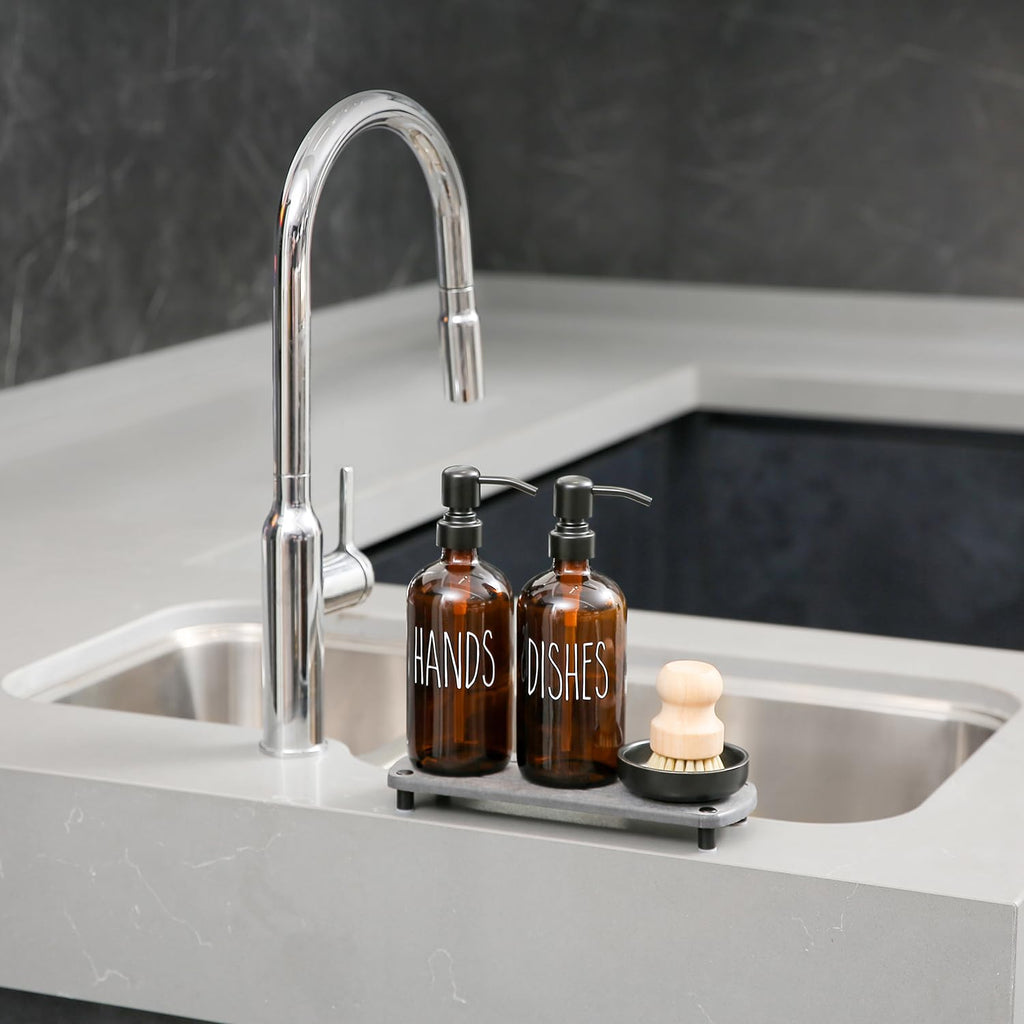 Momeemo Amber Glass Soap Dispenser Set Comes With Stainless Steel Pumps, Instant Dry Tray, And Dish Scrub Brush, Suitable For So
