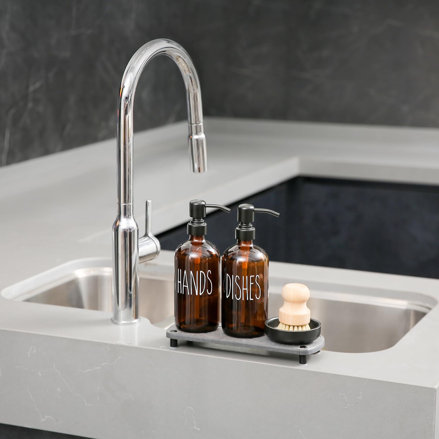 Momeemo Amber Glass Soap Dispenser Set Comes With Stainless Steel Pumps, Instant Dry Tray, And Dish Scrub Brush, Suitable For So