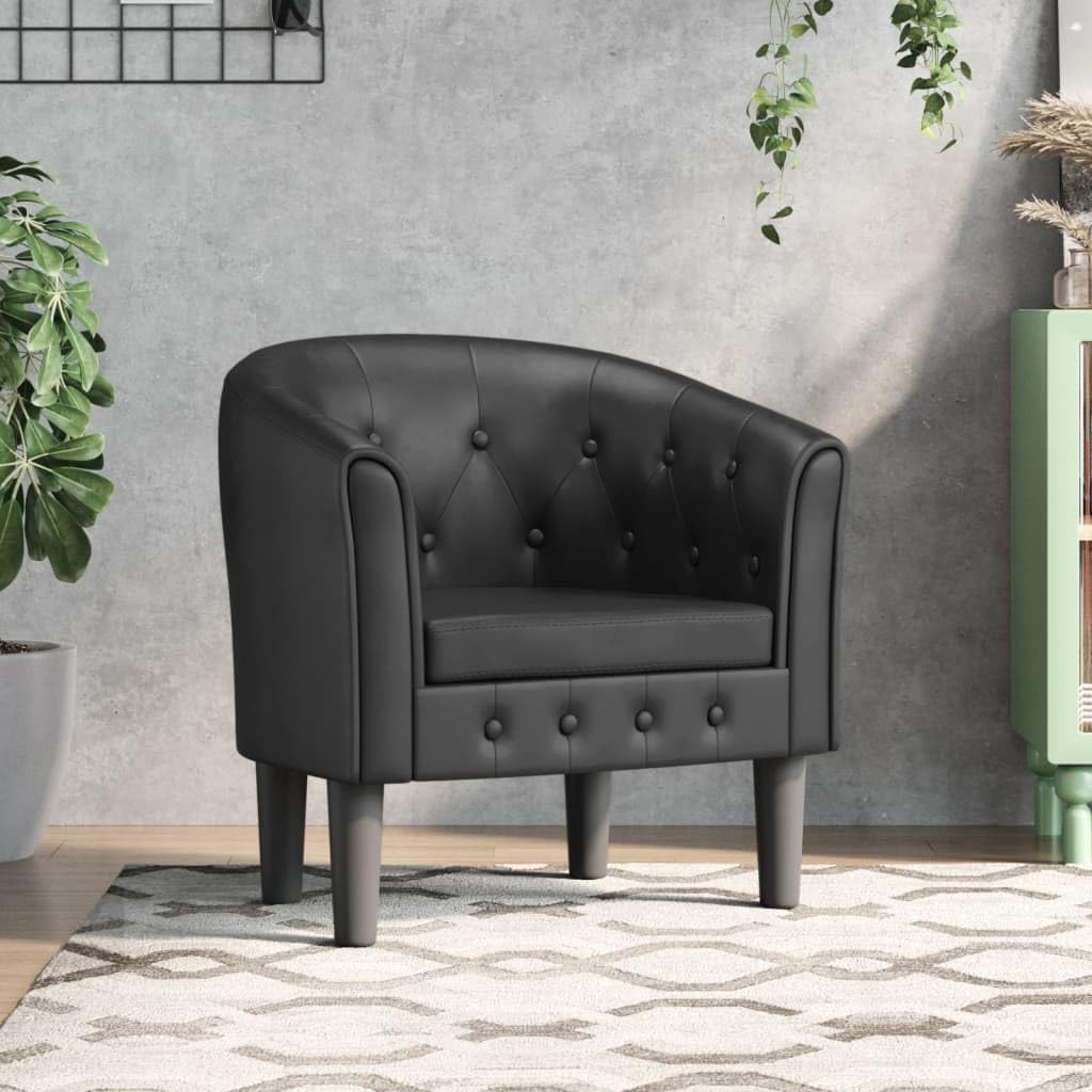 vidaXL Modern Tub Chair in Black Faux Leather with Button Decoration, Comfortable Padded Seat, Backrest, Armrests - Ideal for Living Room, Bedroom or Office