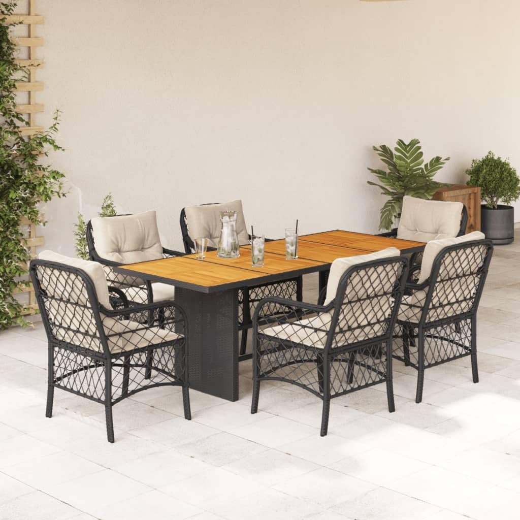 vidaXL 7 Piece Patio Dining Set - Black Poly Rattan and Acacia Wood - Outdoor Garden Furniture with Cushions - Rectangular Table and 6 Chairs