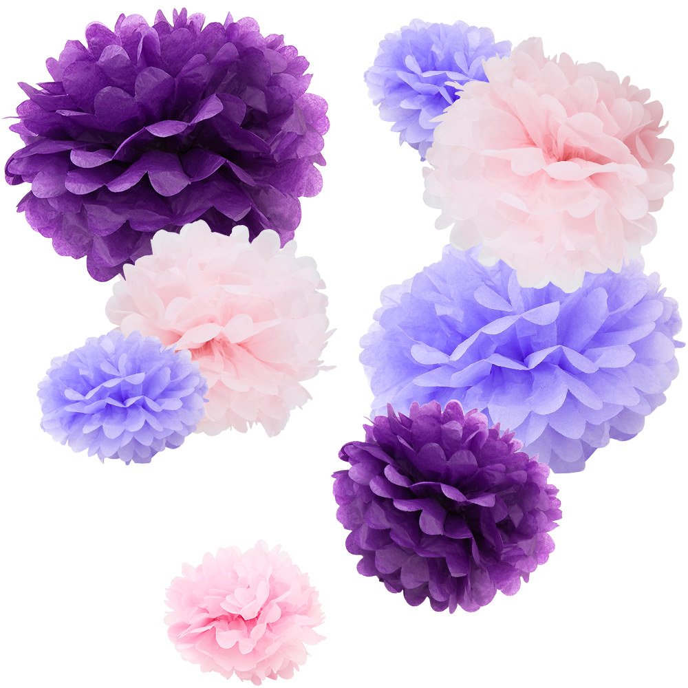 WYZworks Set of 8 (Assorted Purple and Pink Color Pack) 10 12 16 DIY Tissue Pom Poms Flower, Halloween Party, Decorations for We