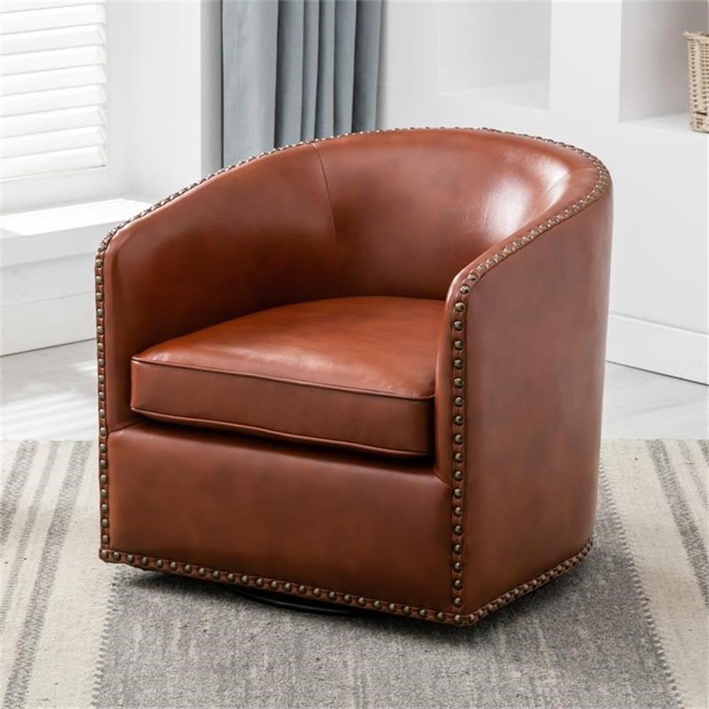 Comfort Pointe Tyler Caramel Brown Faux Leather Swivel Arm Chair with Nailhead Trim