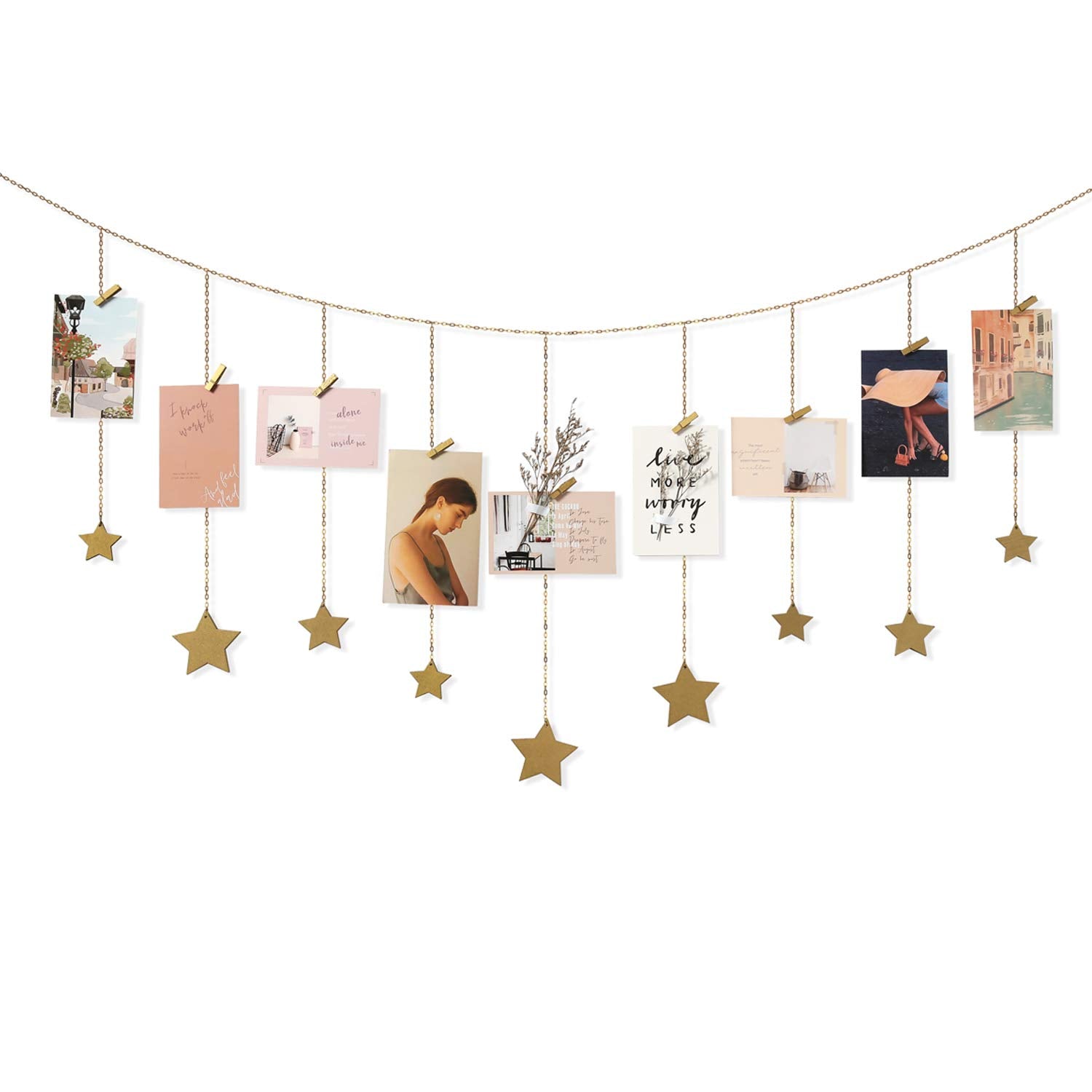 Mkono Hanging Photo Display Boho Decor Wooden Stars Garland with Metal Chains, Pictures Cards Holder with 25 Wood Clips, Wall Ar