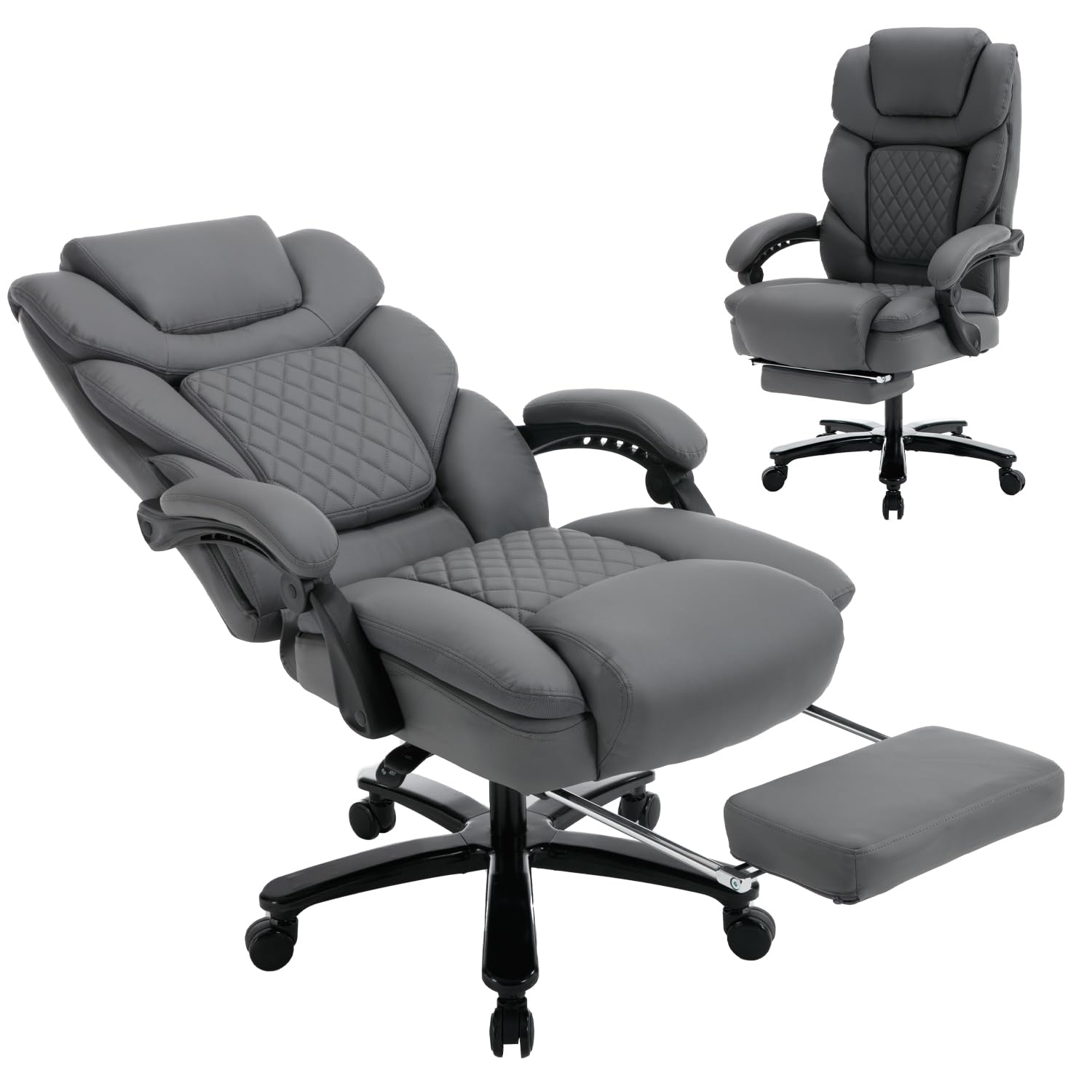 Linting 450Lbs Big Tall Reclining Office Chairs With Footrest Lumbar Support Wide Seat Grey Leather Recliner Desk Chair Executiv