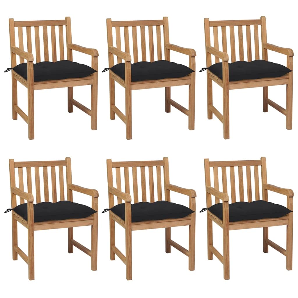 Vidaxl 6X Solid Teak Wood Patio Chairs Garden Outdoor Terrance Backyard Furniture Wooden Armchair Seating Chair Seat With Black Cushions