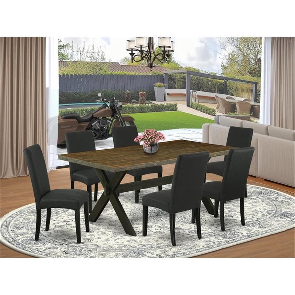 East West Furniture X677Dr124-7 7 Piece Dining Room Furniture Set Consist Of A Rectangle Dining Table With X-Legs And 6 Black Color Linen Fabric Upholstered Chairs, 40X72 Inch, Multi-Color