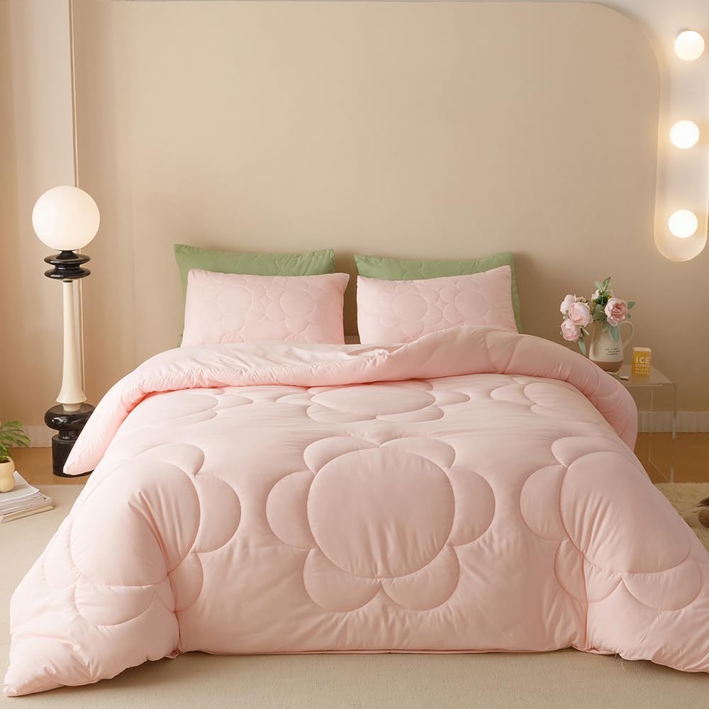 Clothknow Pink Floral Twin Comforter Set 3Pcs Daisy Puff Bedding Comforter Sets Boho Comforter Twin Soft Pink Comforter Sets Twin Blush Floral Comforter