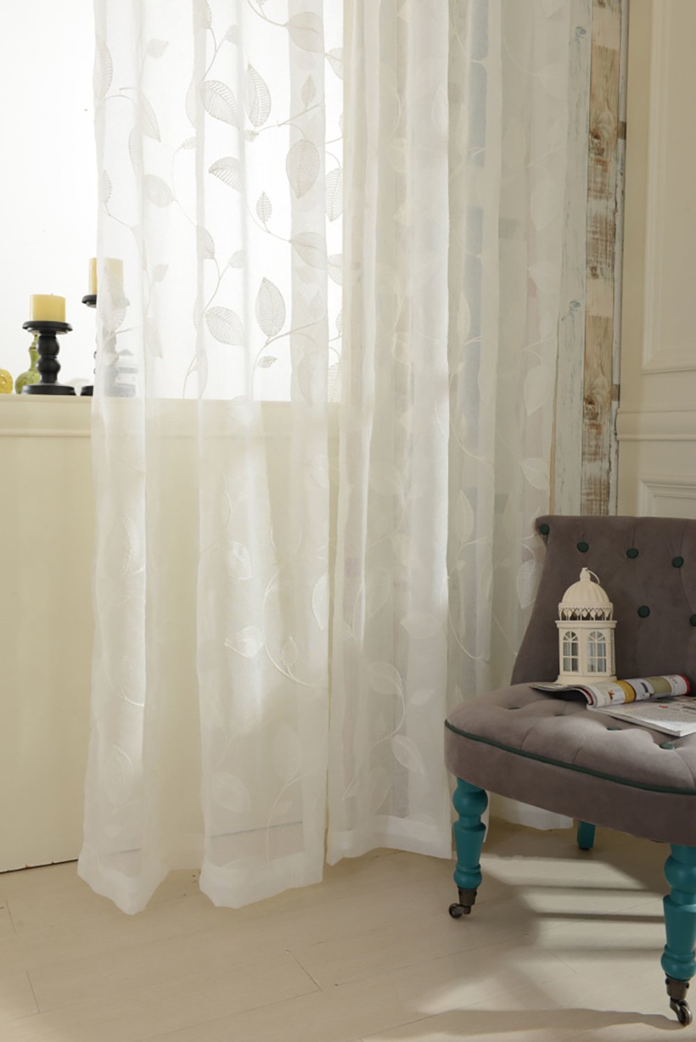 Vogol White Rod Pocket Sheer Curtains 96 Inches Long Leaves Embroidered Window Curtain Sheer Voile Panels For Living Room & Bedr
