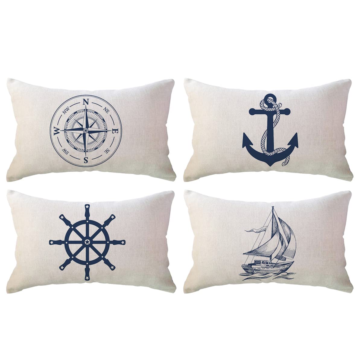Ulove Love Yourself Coastal Sailing Throw Pillow Covers Blue Compass/Anchor/Sailboat/Navigation Pattern Ocean Theme Cushion Cove