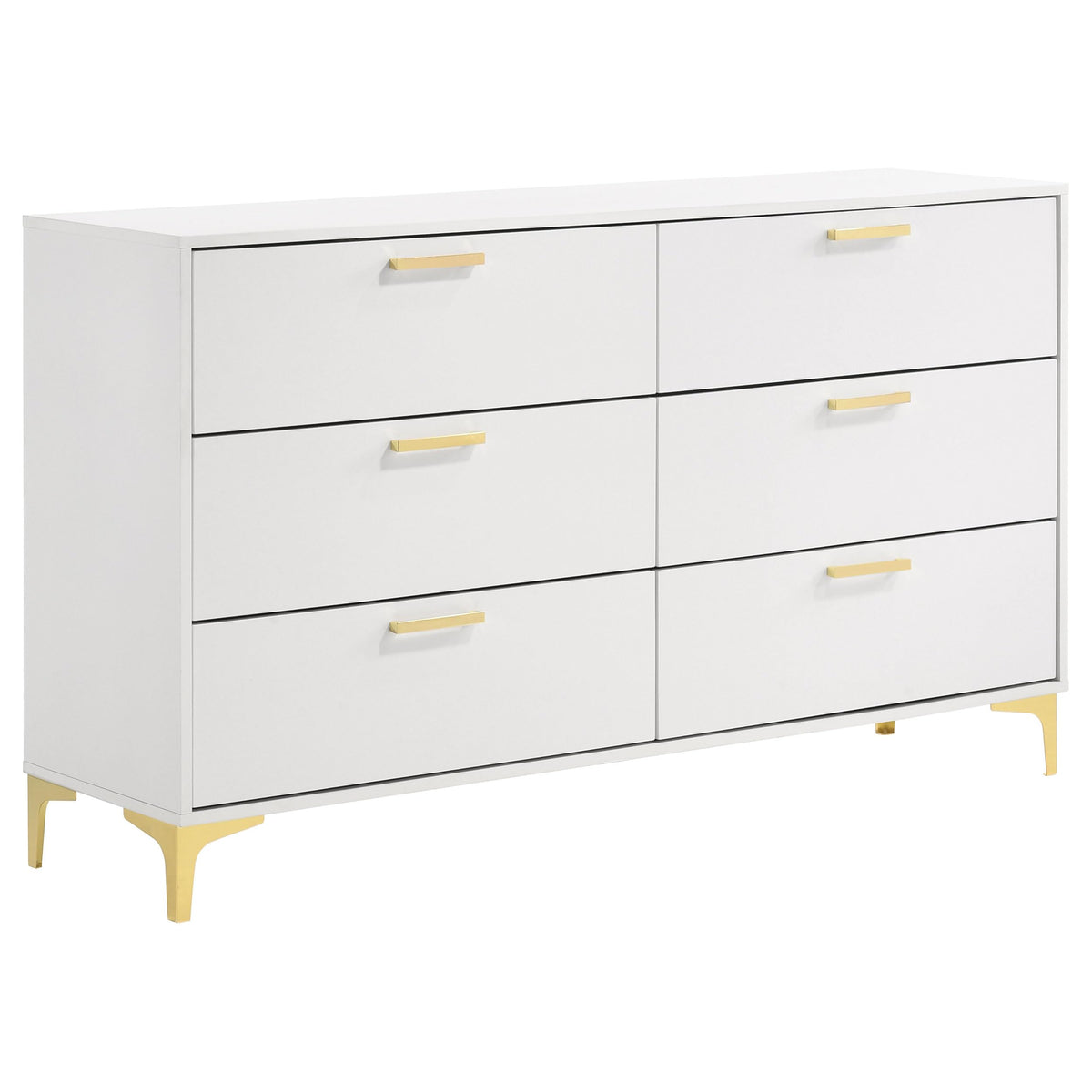 Coaster Home Furnishings Kendall 6-Drawer Contemporary Dresser Bedroom Clothing Storage Cabinet Engineered Wood Eco-Friendly Laminate with Gold Metal Legs and Handles White 224403