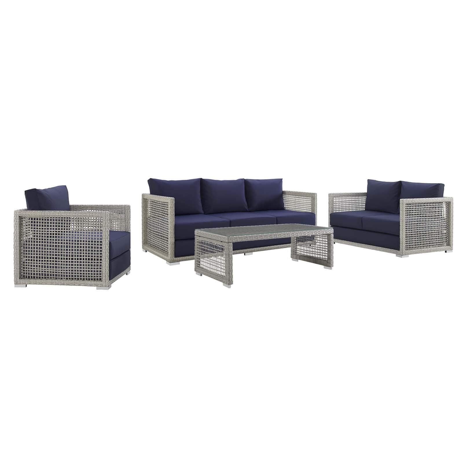 Modway Aura Outdoor Patio Wicker Rattan, Sofa, Loveseat, Armchair And Coffee Table, Gray Navy