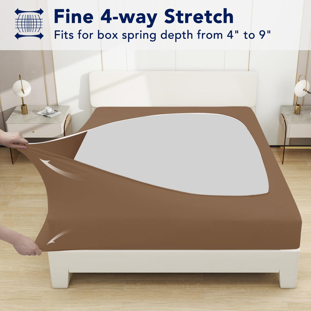 Purefit Stretchy Box Spring Cover Queen - Elastic Fitted Box Spring Wrap Around 4 Sides, Wrinkle & Fading Resistant Fits Queen Size Beds, Brown