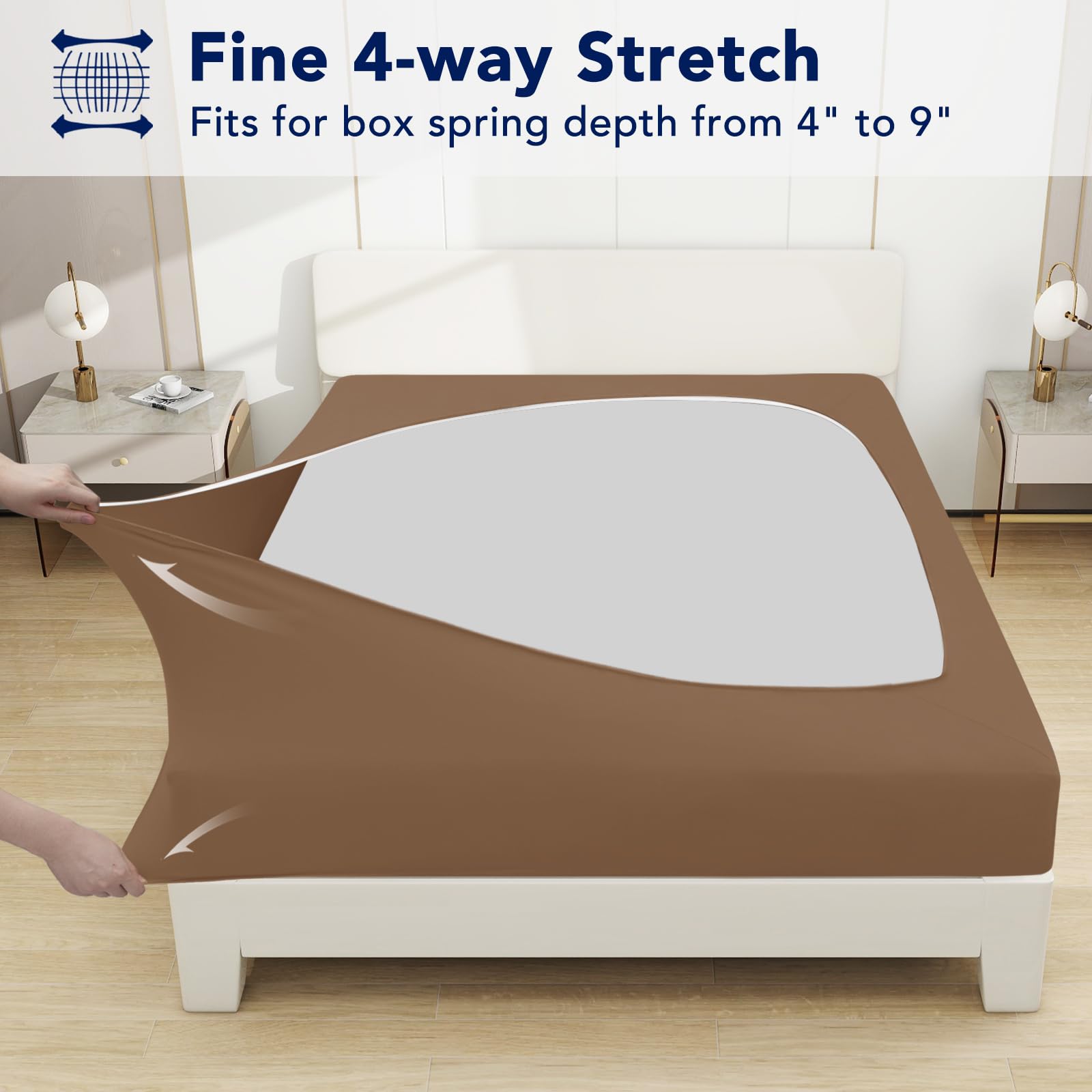 Purefit Stretchy Box Spring Cover Full - Elastic Fitted Box Spring Wrap Around 4 Sides, Wrinkle & Fading Resistant Fits Full Size Beds, Brown