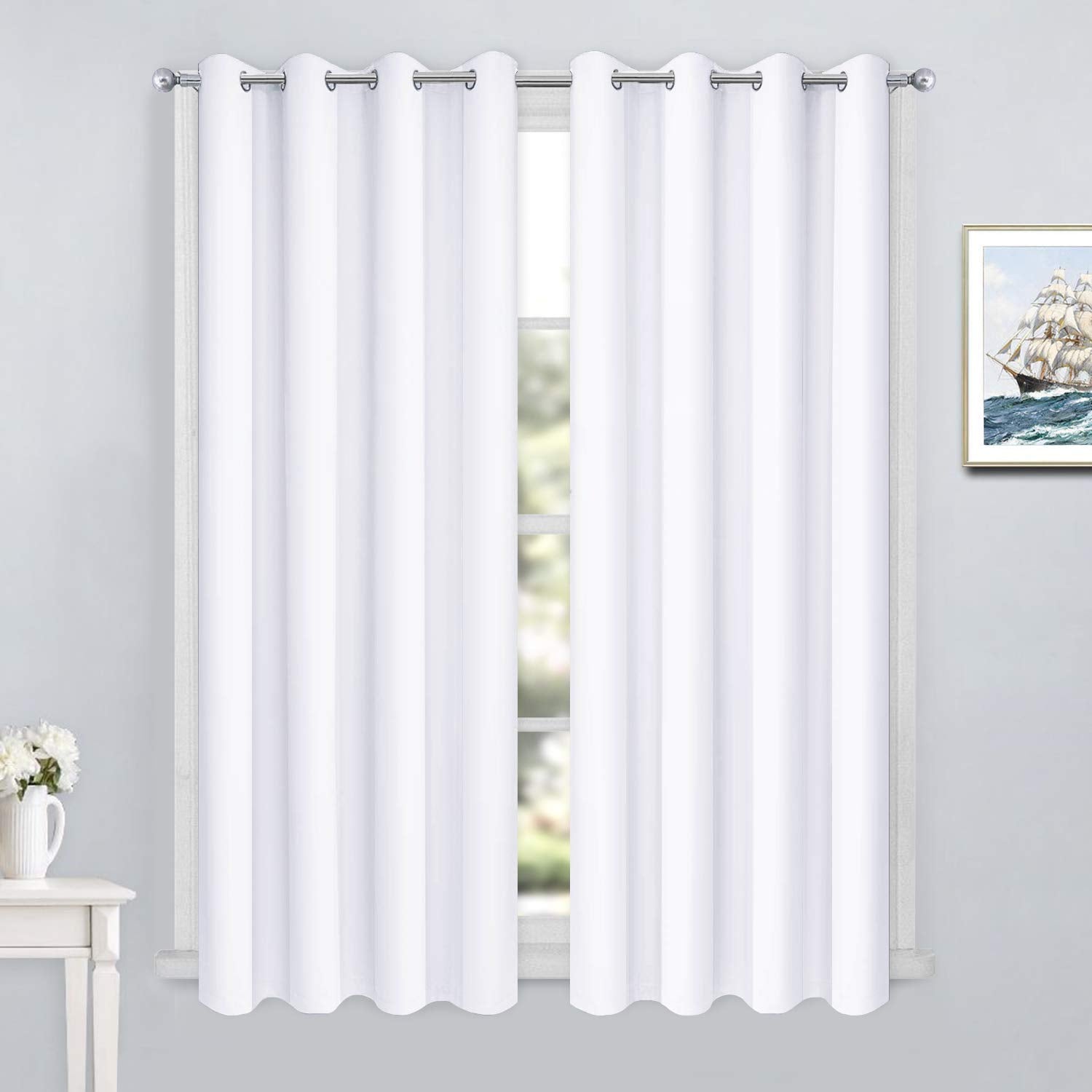 Yakamok Pure White Curtains Room Darkening Thermal Insulated Grommet Top Window Curtains For Living Room, 52 X 54 Inch, Pure Whi
